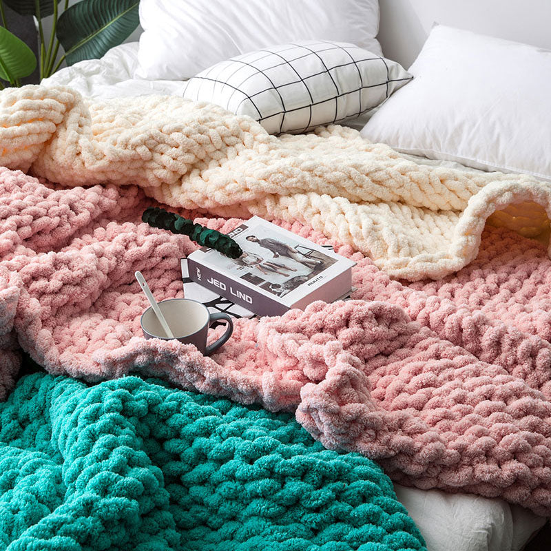 Soft Knitted Chenille Chunky Yarn Blanket Throw Rug 130x160cm Pink