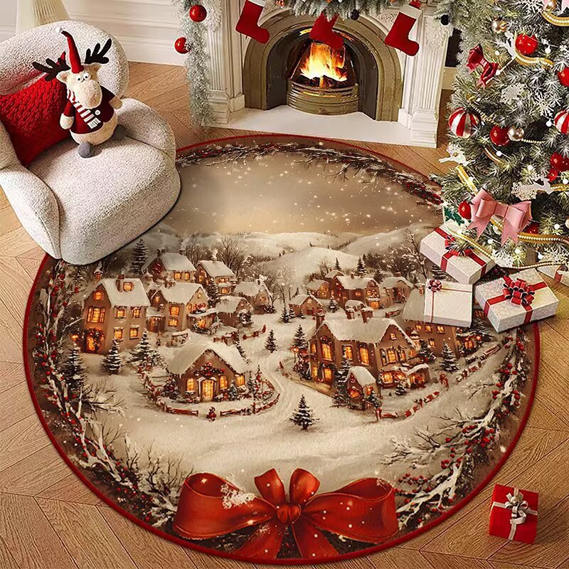 Christmas Snowy Village Round Rug Floor Mat with Red Bow 120cm