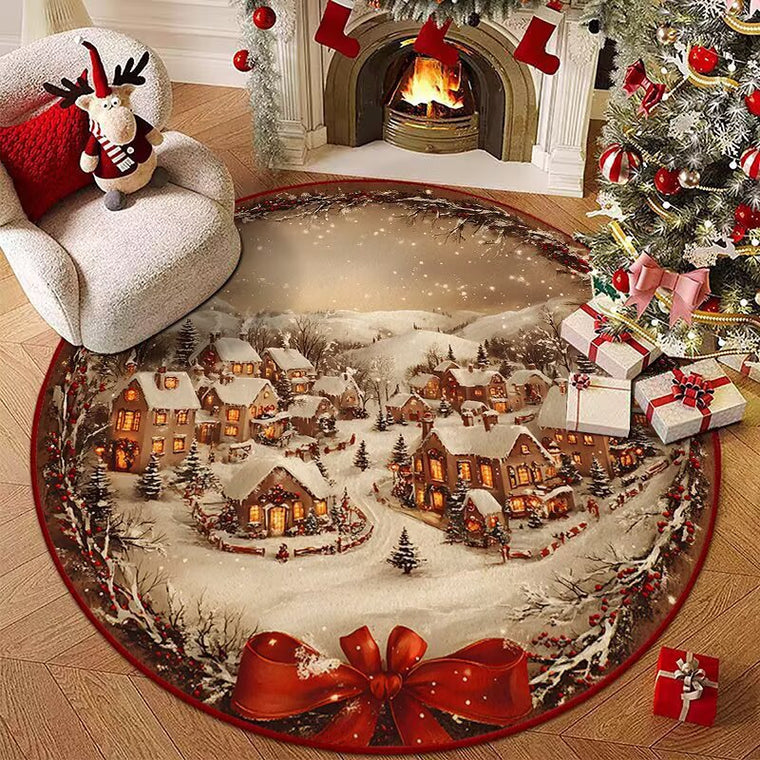 Christmas Snowy Village Round Rug Floor Mat with Red Bow 120cm