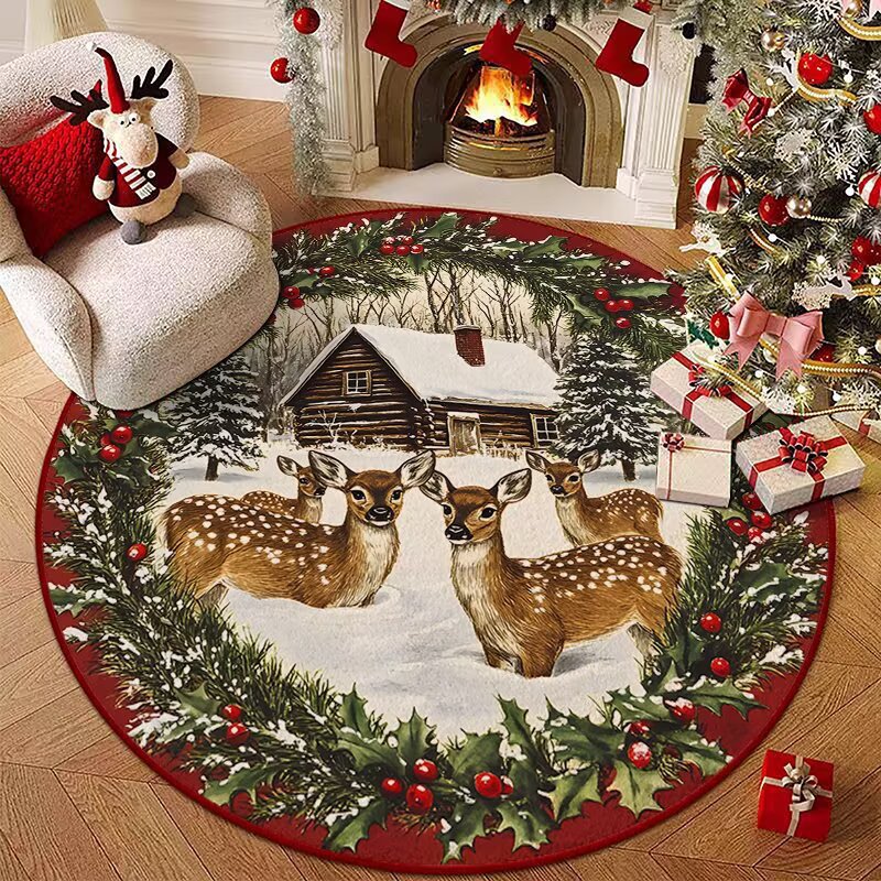 Christmas Deer Family Round Rug Festive Reindeer & Cabin Holiday Floor Mat 120cm