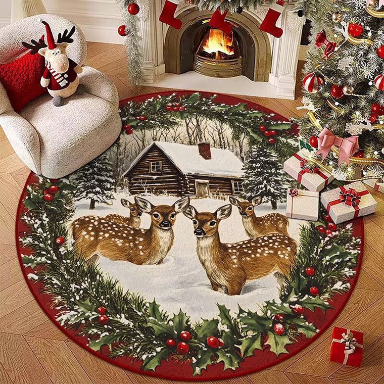 Christmas Deer Family Round Rug Festive Reindeer & Cabin Holiday Floor Mat 120cm