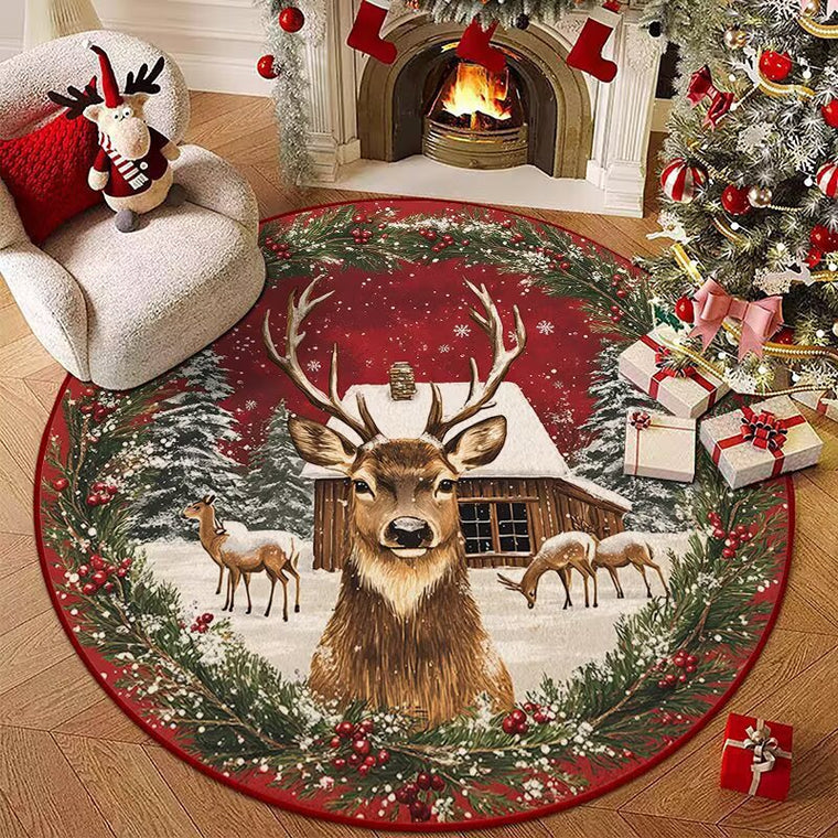 Christmas Reindeer Round Rug Festive Deer Winter Cabin Holiday Floor Mat 120cm