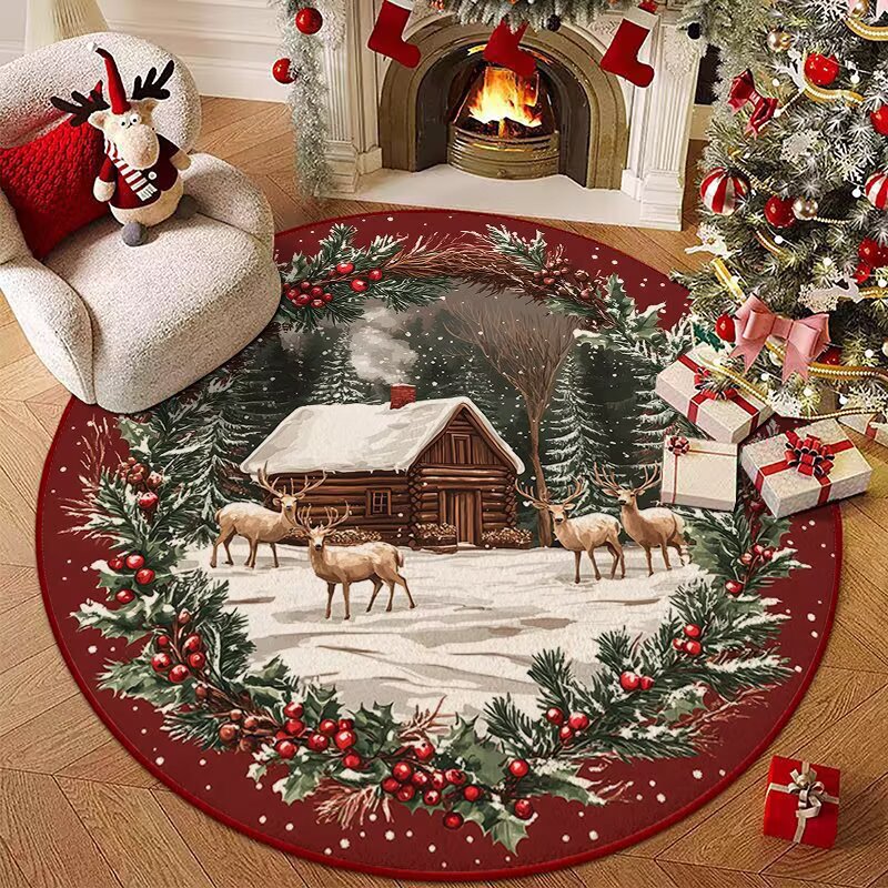 Christmas Cabin Round Rug Festive Reindeer Snowy Winter Scene Holiday Floor Mat 120cm