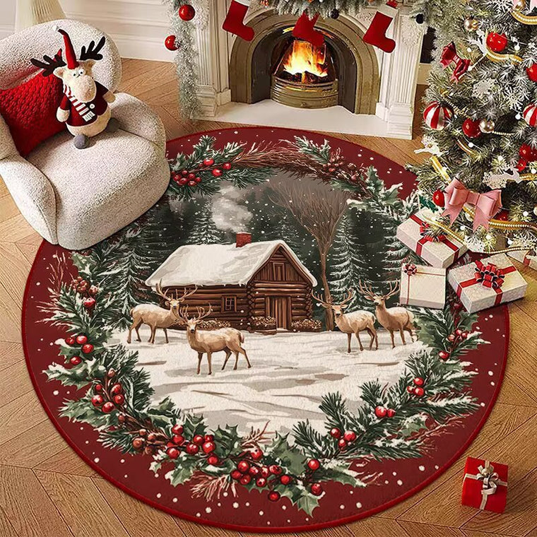 Christmas Cabin Round Rug Festive Reindeer Snowy Winter Scene Holiday Floor Mat 120cm
