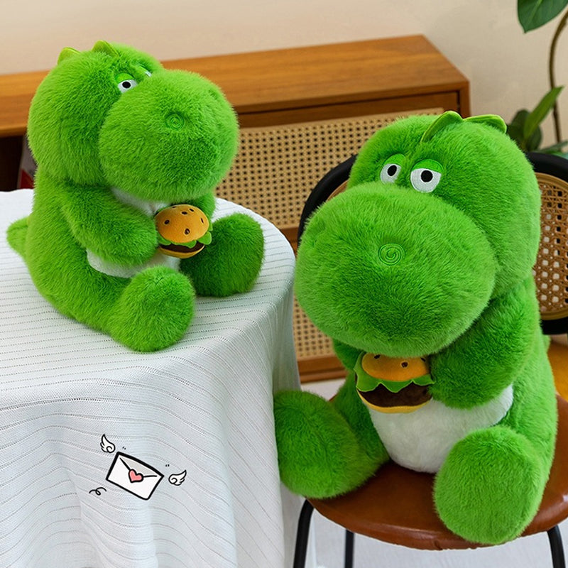 Cute Green Dinosaur Plush Toy Soft Stuffed Dino Holding Hamburger 65cm