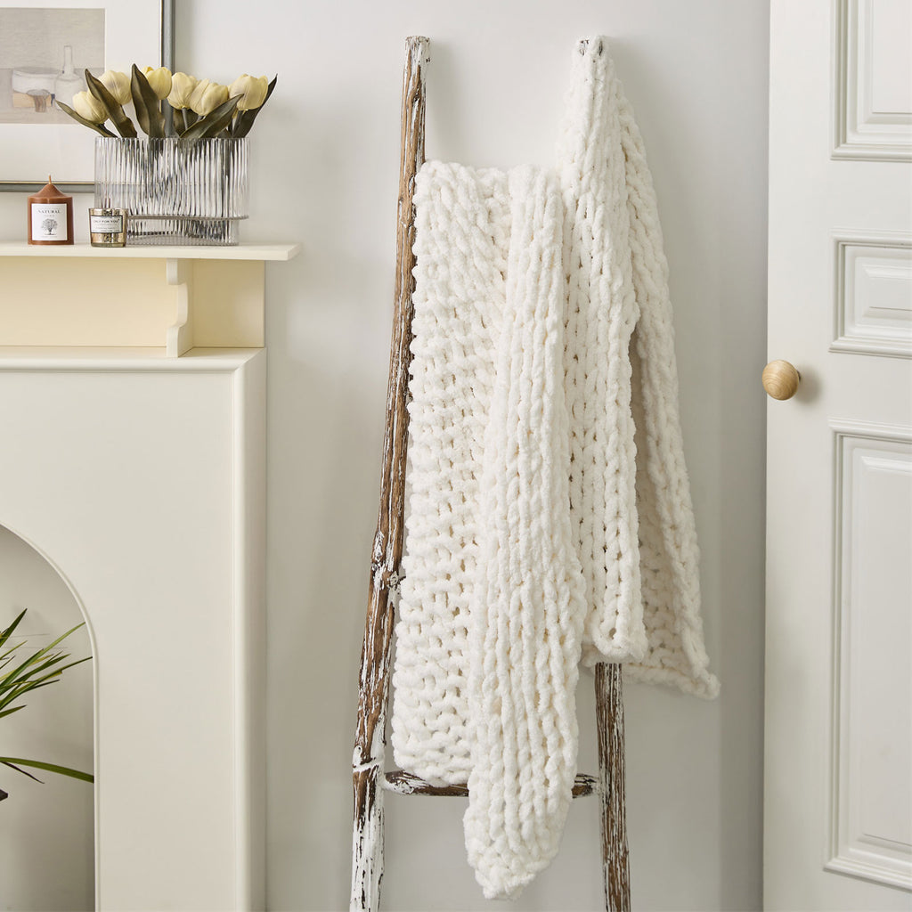 Soft Knitted Chenille Chunky Yarn Blanket Throw Rug 130x160cm White