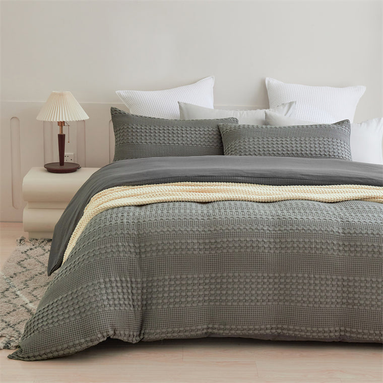 100% Cotton Striped Large Waffle Pattern Grey Quilt Doona Duvet Cover Set