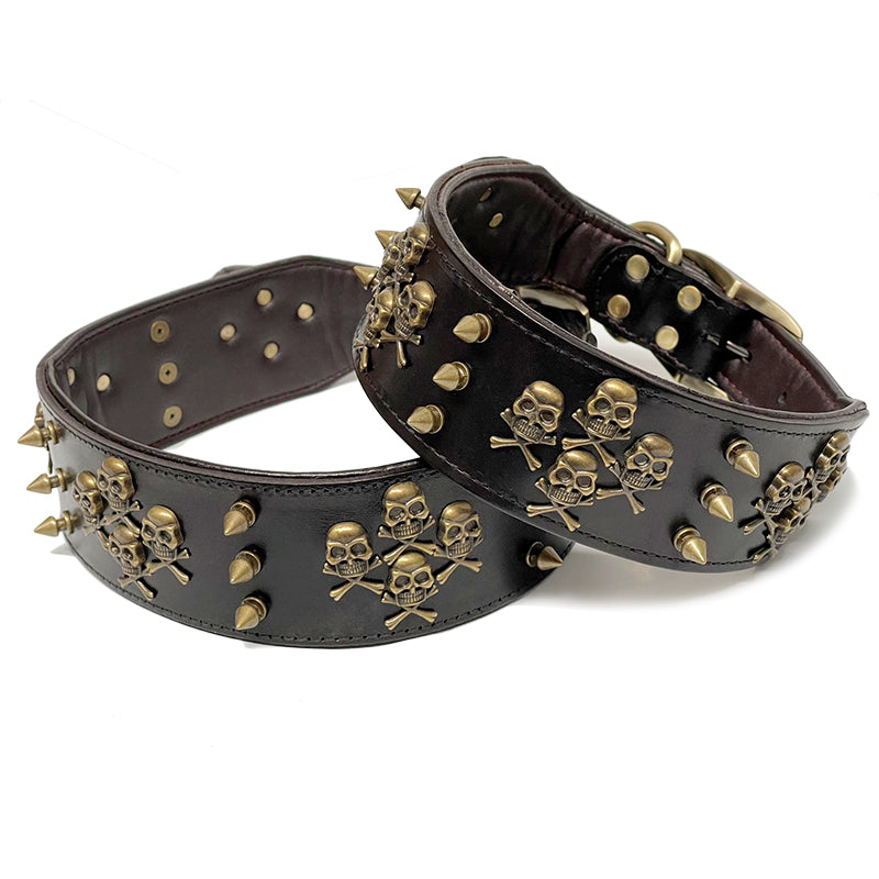 Real Leather Pet Dog Collar Retro Style Skull Charm Studded Collar L XL