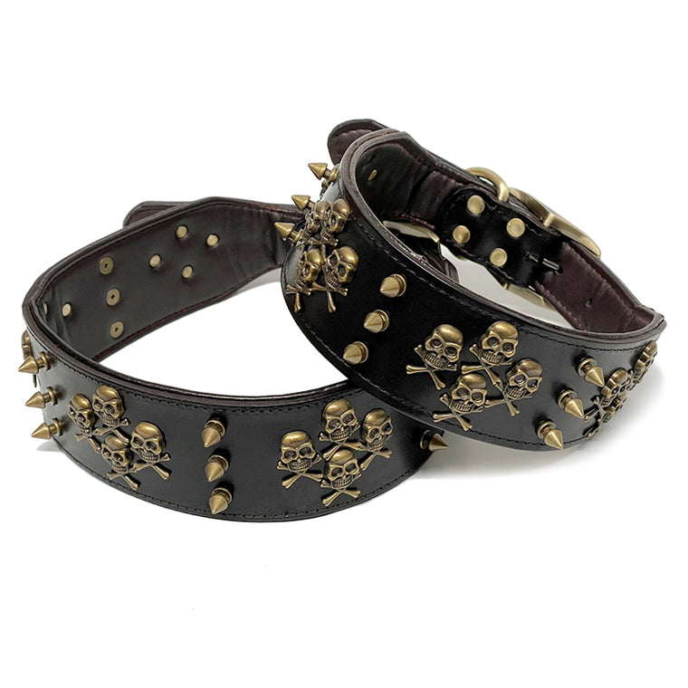 Real Leather Pet Dog Collar Retro Style Skull Charm Studded Collar L XL