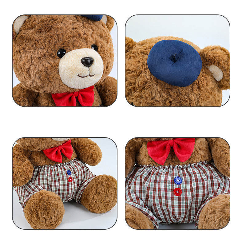 Jumbo Checkered Bear Plush Toy Soft Big Teddy Bear with Beret & Red Bow 90cm