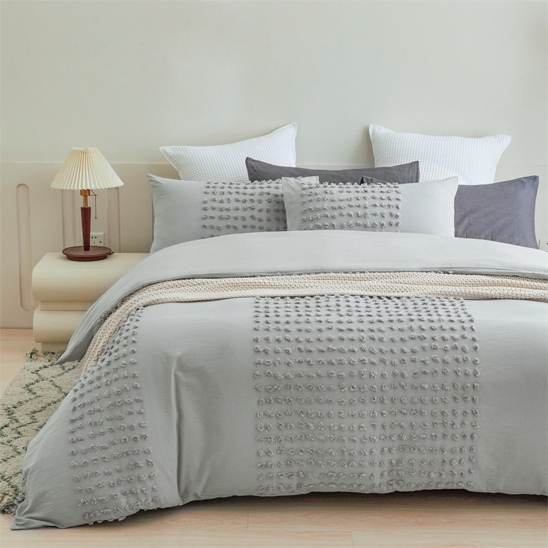 100% Cotton Tufted Pattern Grey Quilt Doona Duvet Cover Set