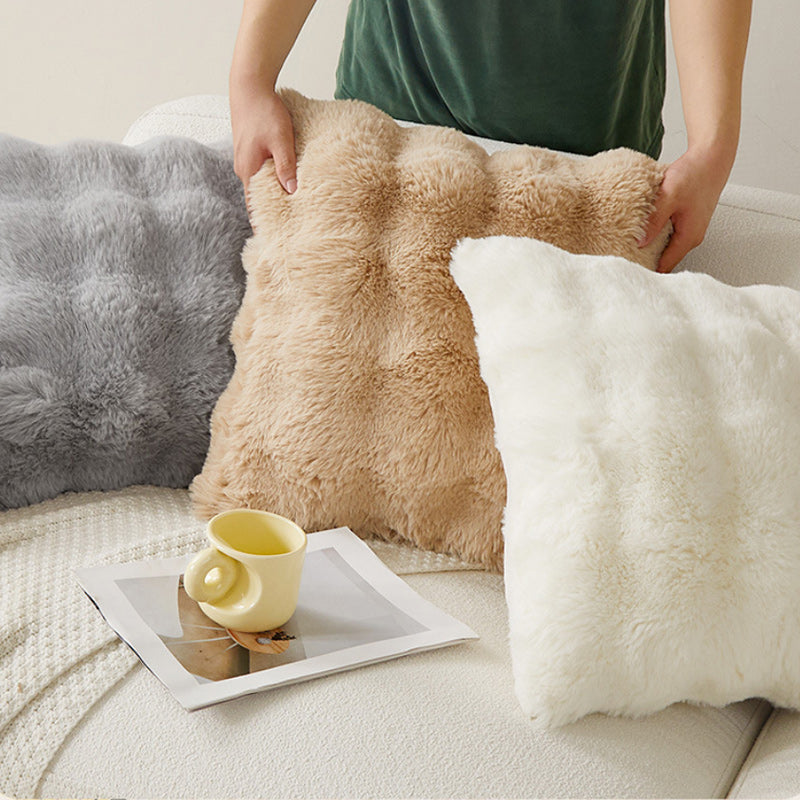 Super Soft Faux Rabbit Plush Square Cushion Sofa Pillow Cover Cream