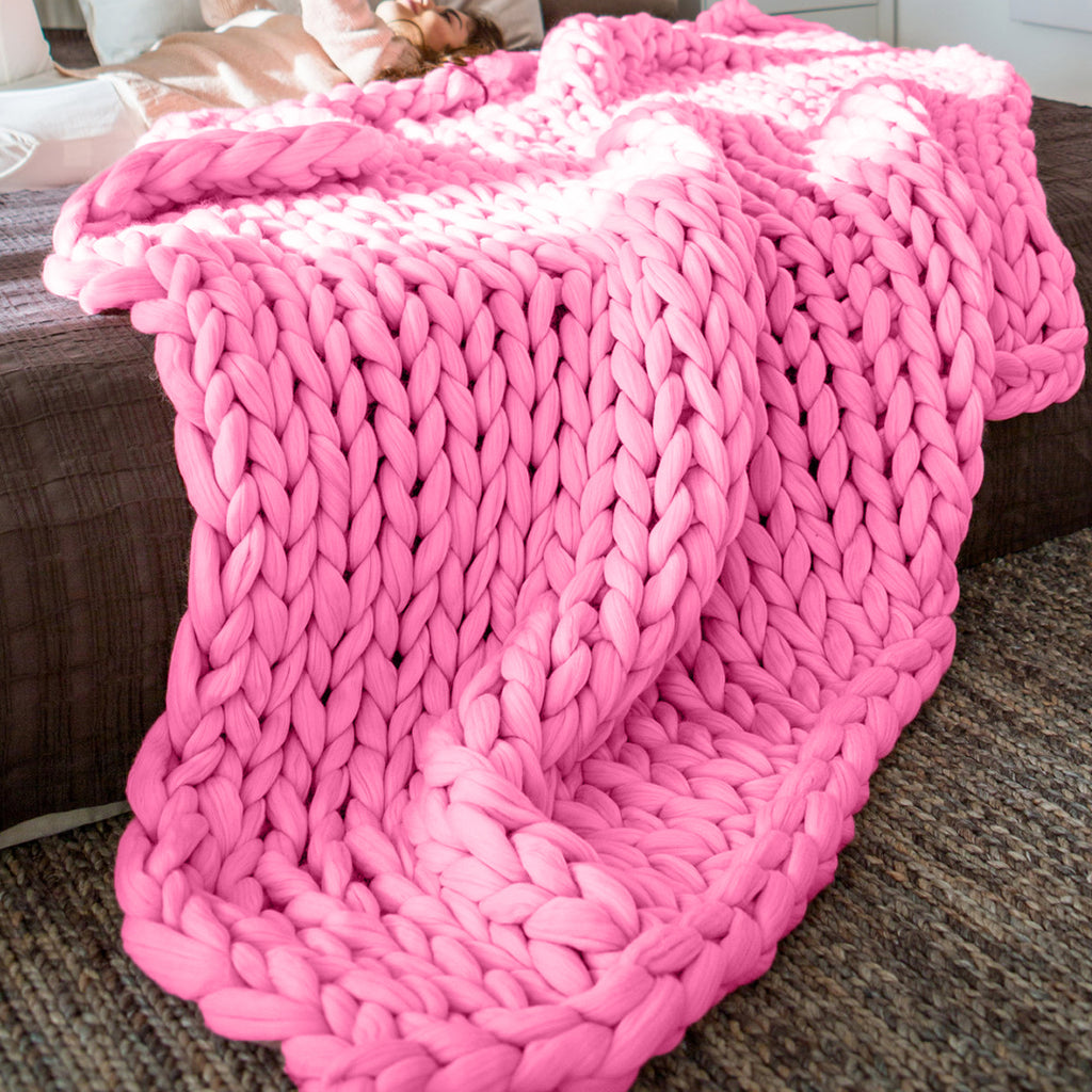 Hand Knitted Thick Acrylic Yarn Chunky Blanket Tight Knit Throw Rug 120x180cm Pink
