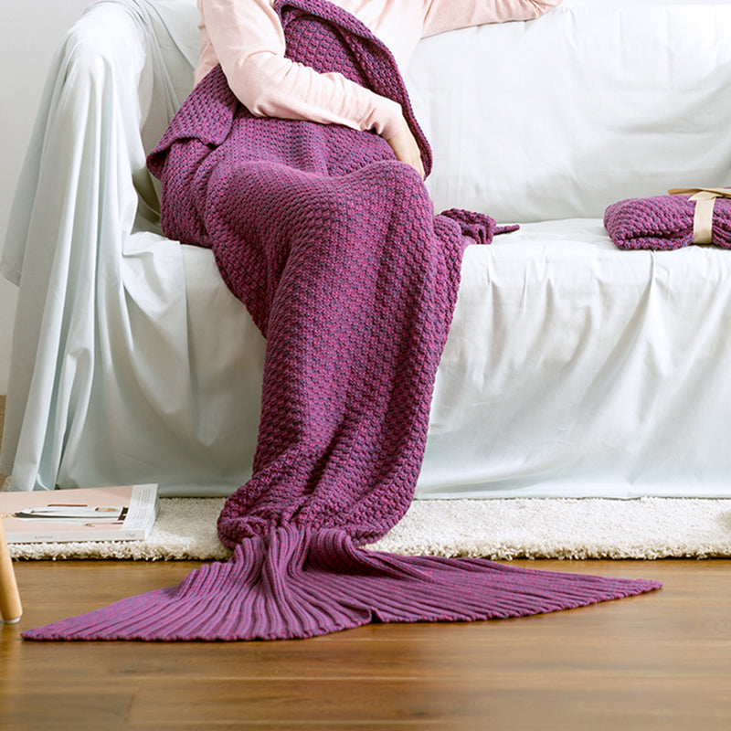 100% Cotton Knitted Mermaid Tail Blanket Home Decor Throw Rug 140cm Purple