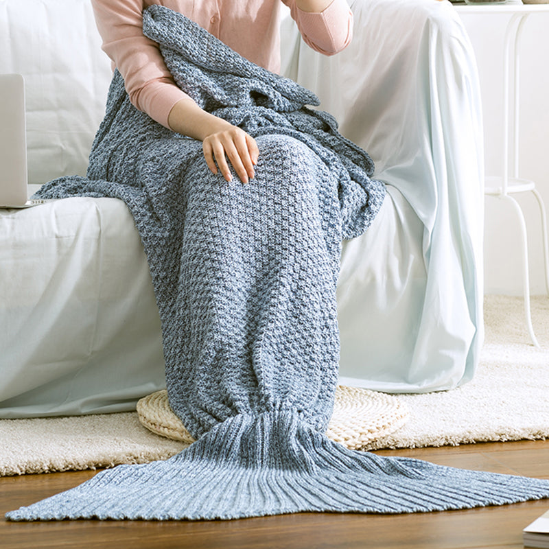 100% Cotton Knitted Mermaid Tail Blanket Home Decor Throw Rug 140cm Light Blue
