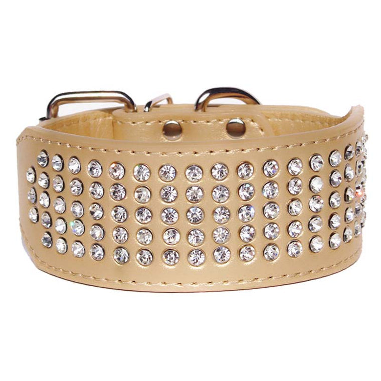 Dog Leather Collar Five Row BlingBling Rhinestones Diamante Collar Gold M L