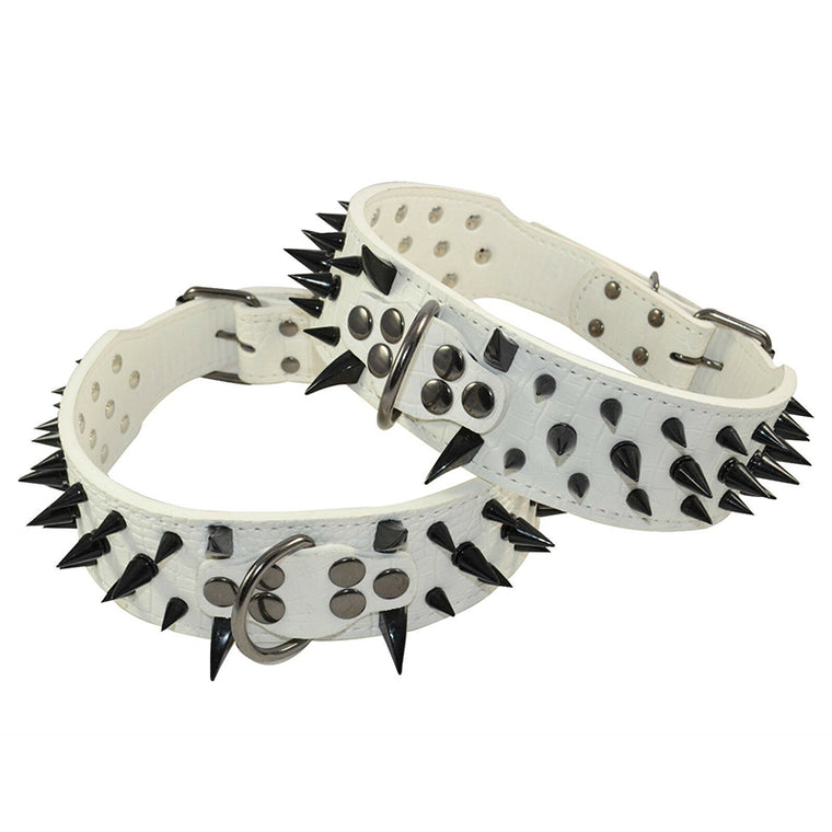 Pet Dog Leather Collar Black Spikes Adjustable Studded Dog Collar White M L