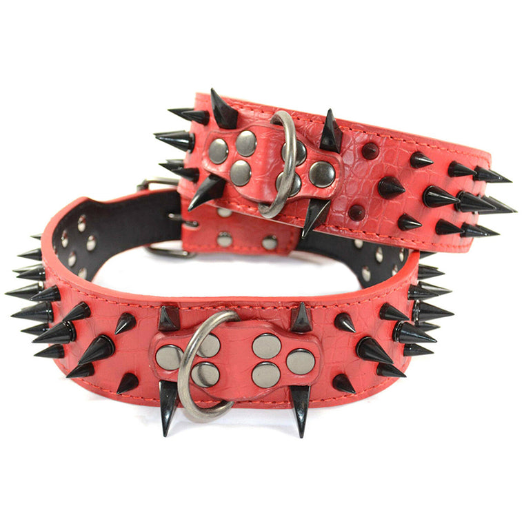 Pet Dog Leather Collar Black Spikes & Red Leather Adjustable Dog Collar M L