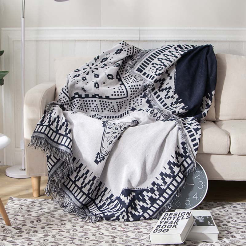 Slub PolyCotton Knitted Blanket Black/White Sofa Bed Leisure Throw Rug 180x230cm