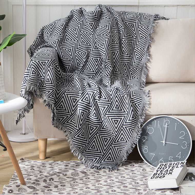 Slub PolyCotton Knitted Blanket Geometry Pattern Sofa Bed Leisure Throw Rug 180x230cm