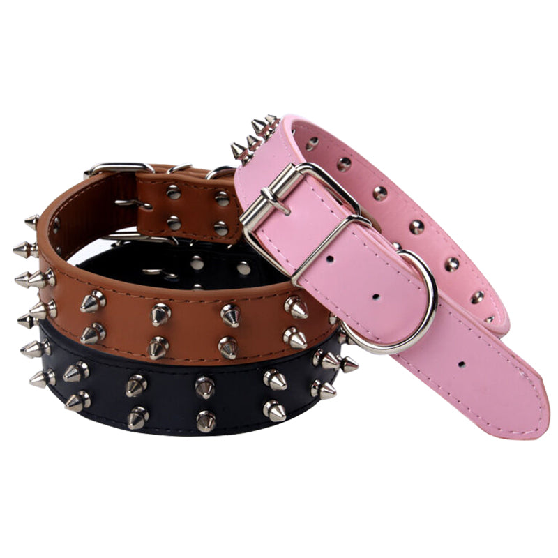 Pet Dog Leather Collar Nickel Plated Non-sharp Spikes Adjustable Dog Collar Black