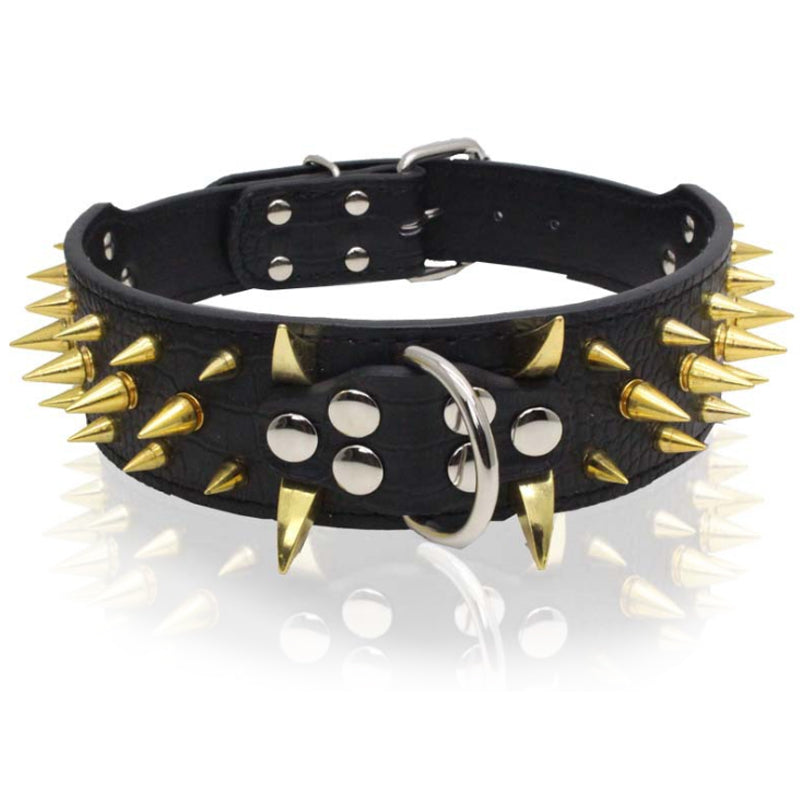 Pet Dog Leather Collar Gold Colour Spiked Adjustable Black Leather Collar M L