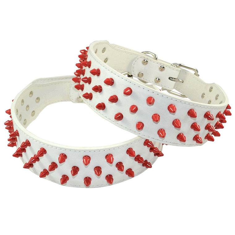 Pet Dog Leather Collar Red Cap Spikes Studded Adjustable Dog Collar White