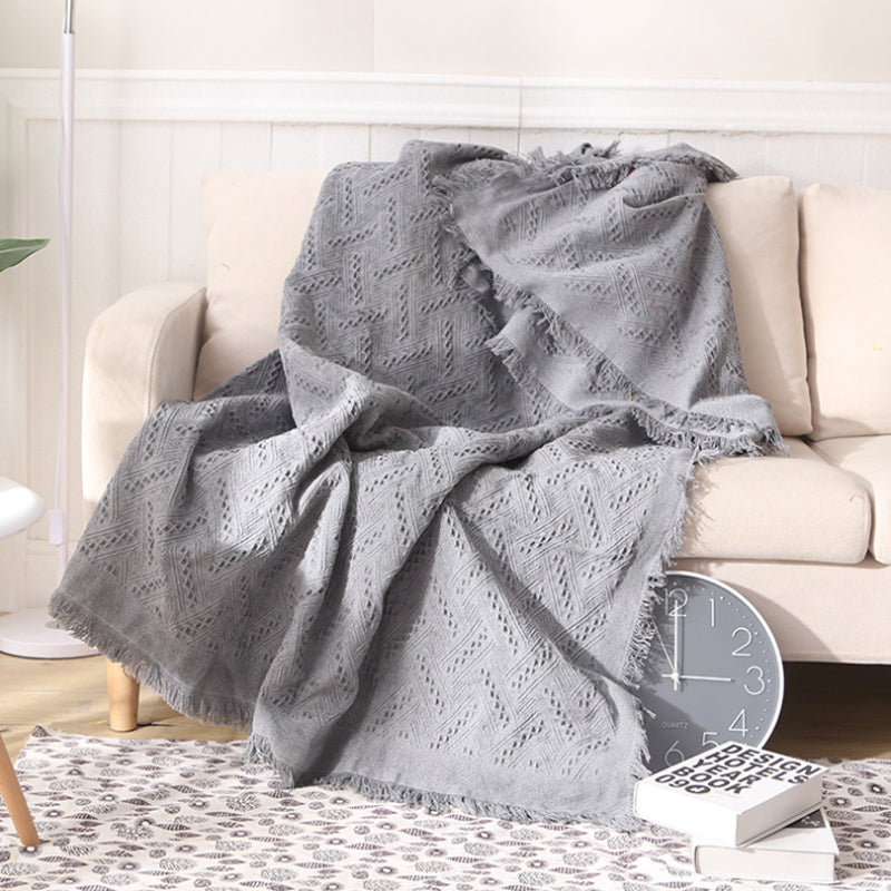 Slub PolyCotton Knitted Blanket Grey T Pattern Sofa Bed Leisure Throw Rug 180x230cm