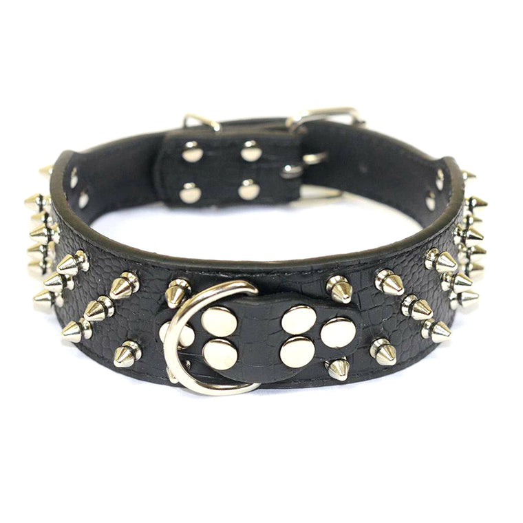 Dog Leather Collar Nickel Plated Non-sharp Spikes Adjustable Collar – Black