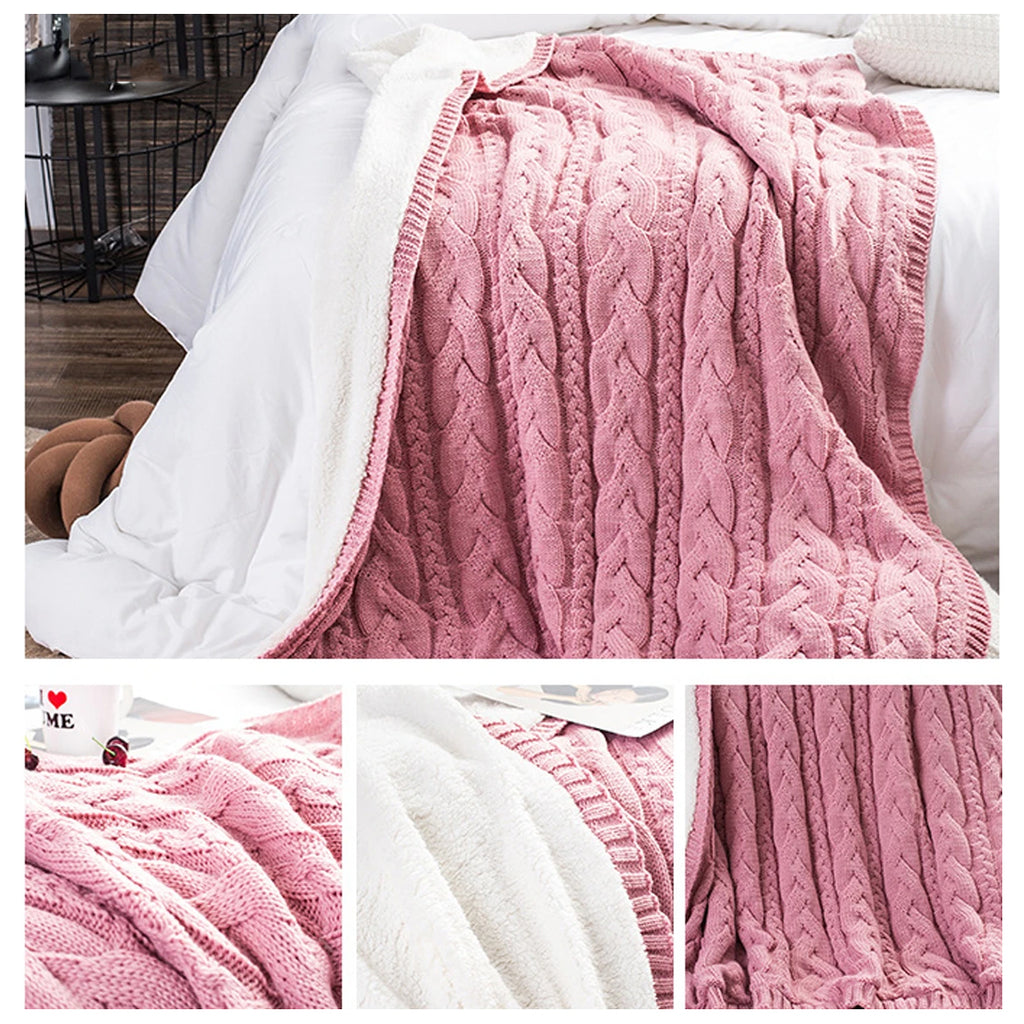 Acrylic Knitted Winter Blanket Sherpa Fleece Warm Plush Throw Rug 130x160cm Pink