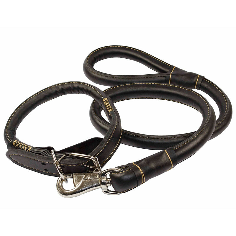 Medium Large Breed Dog Leash & Collar Set Strong PU Leather Black