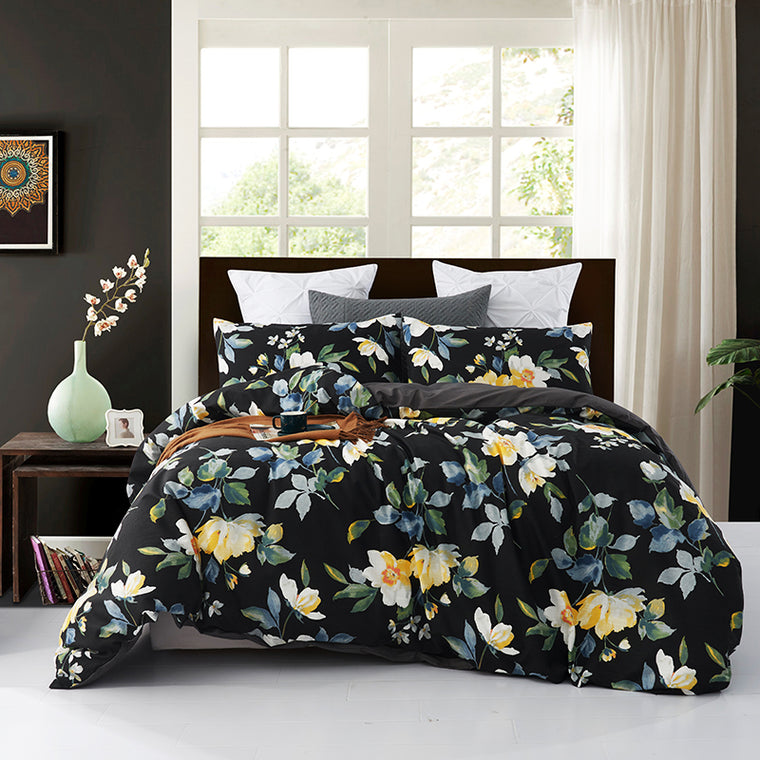 100% Slub Cotton Flower Printed Quilt Doona Duvet Cover Set Black