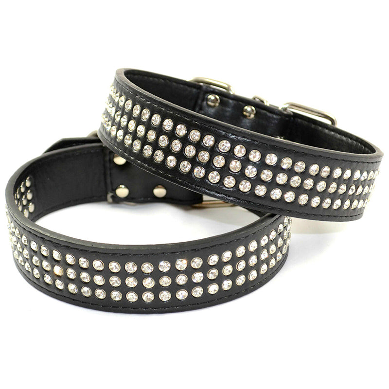 Dog Leather Collar Three Row BlingBling Rhinestones Diamante Collar Black