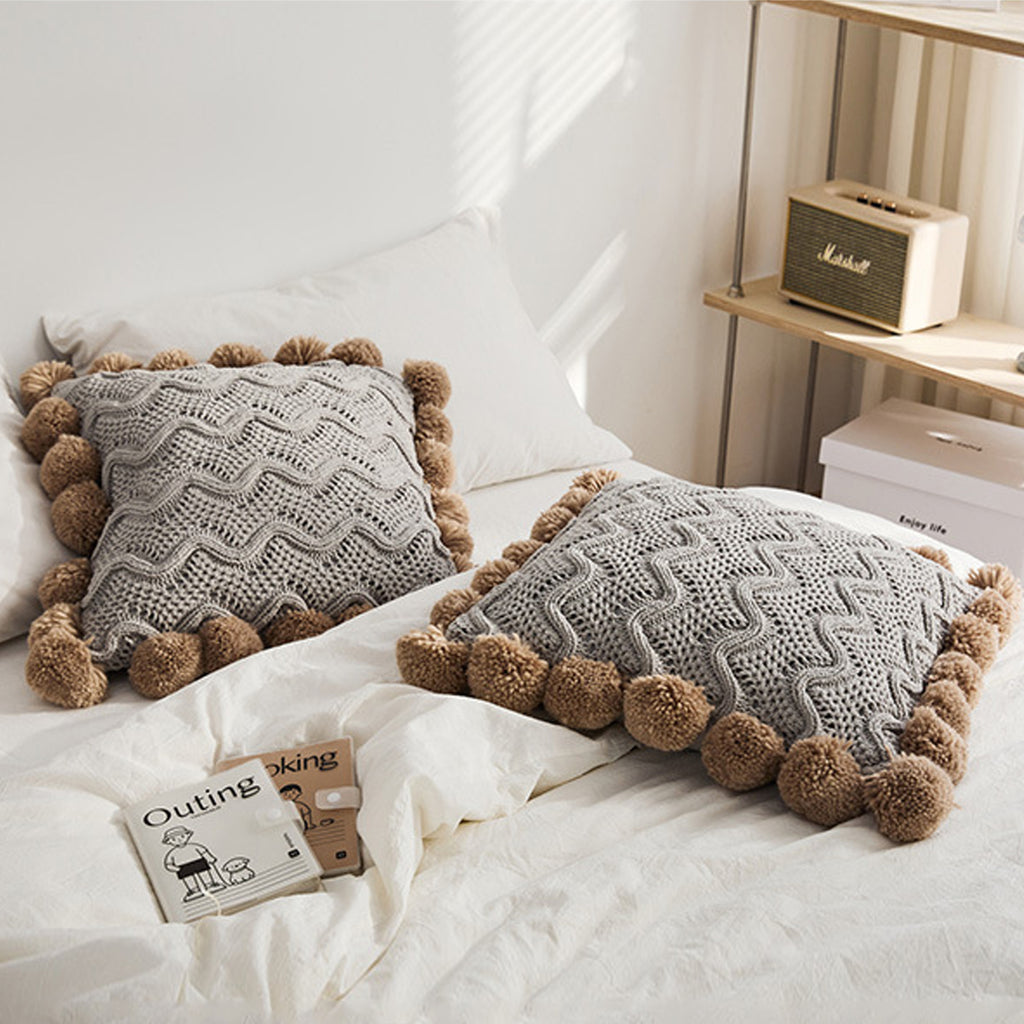 Premium Quality Acrylic Knitted Pompom Cushion Covers 45x45cm Grey