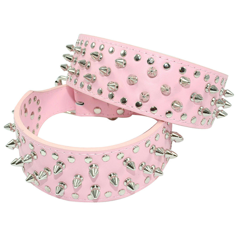 Dog Leather Collar Nickel Plated Spiked&Studded Adjustable Dog Collar Pink L