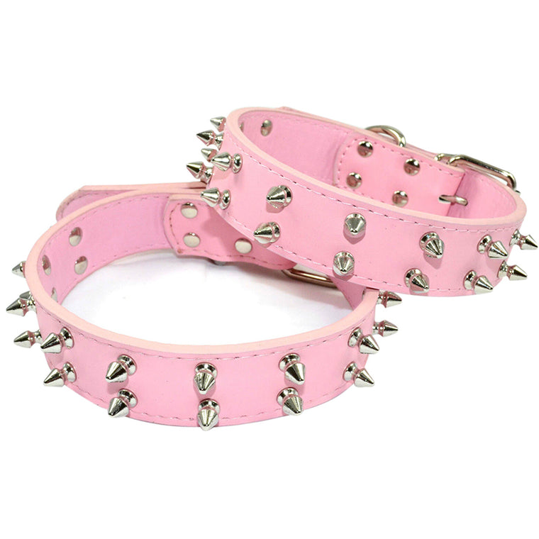 Pet Dog Leather Collar Two Row Non-sharp Spikes Adjustable Dog Collar Pink
