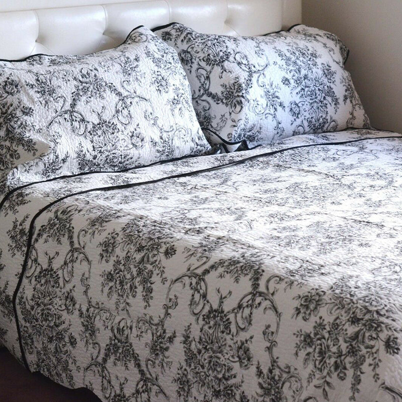 100% Cotton Bed Cover Coverlet Set Quilted Bedspread Black Flower Pattern