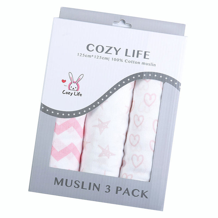 Pack of 3 100% Cotton Large Soft Muslin Swaddle Blanket 125x125cm Pink