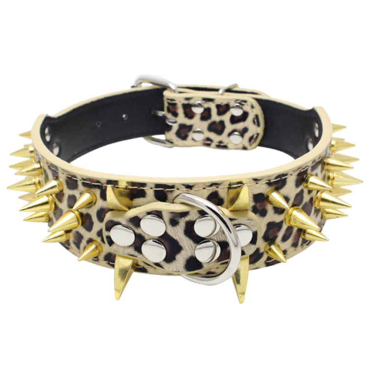 Dog Leather Collar Gold Colour Spiked Adjustable Gold Leopard Pattern Collar M L