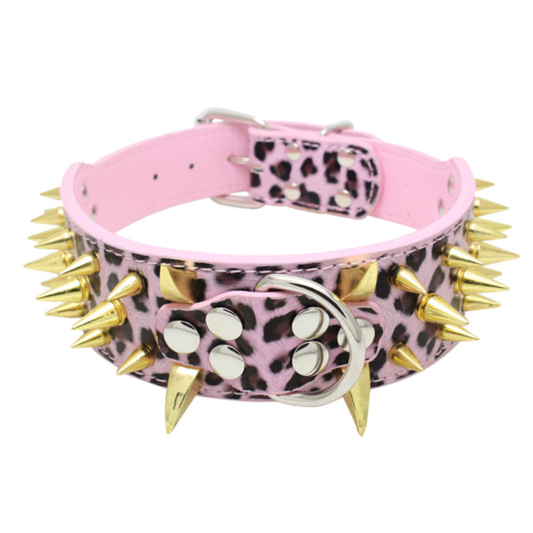 Dog Leather Collar Gold Colour Spiked Adjustable Pink Leopard Pattern Collar M L