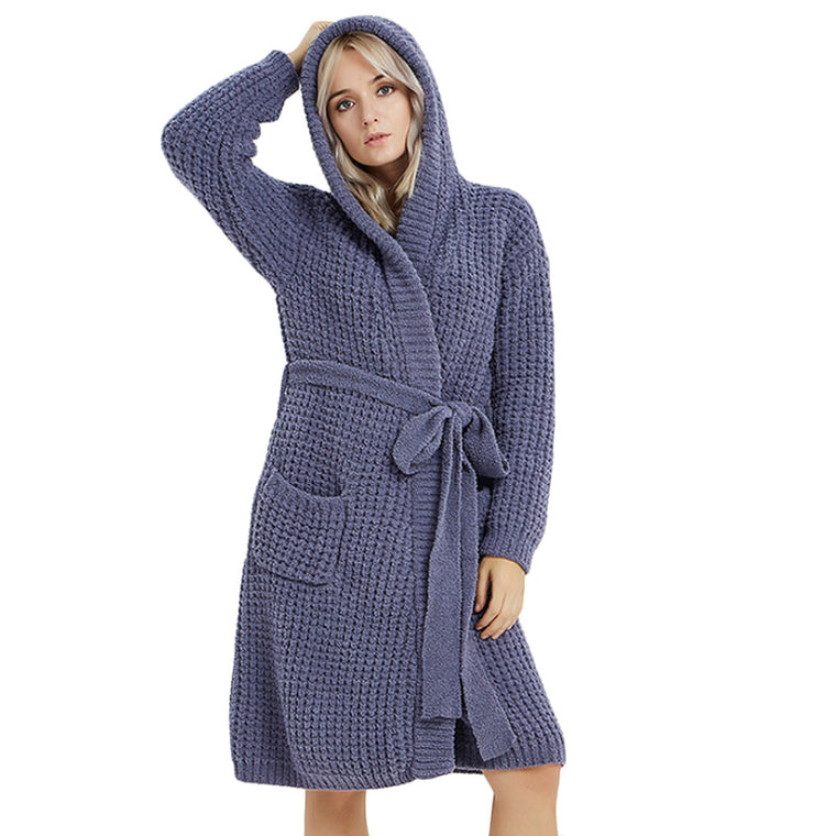 Autumn Winter Hooded Soft Warm Women Night Sleepwear Pyjamas Homewear Robe Navy