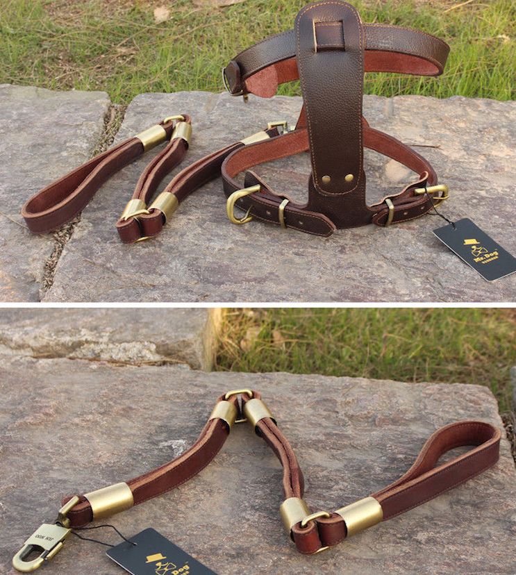 New Genuine Ox Leather Large Breed Dog Harness Set Harness & Leash