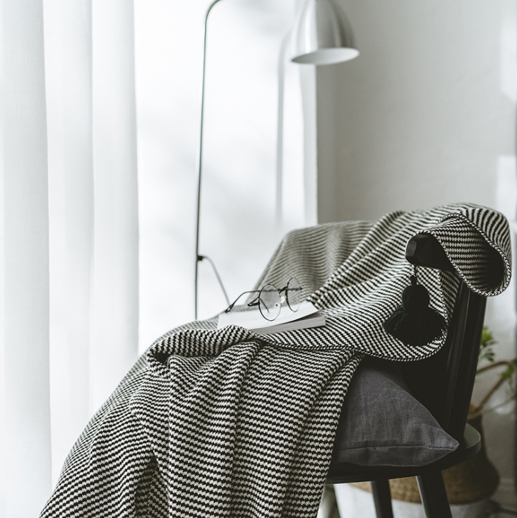 New Cotton Knitted Black Tassel Blanket Home Decor Striped Throw Rug 130x160cm