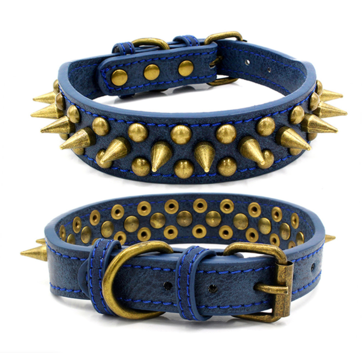 New Dog Leather Collar Single Spikes Adjustable Dog Collar Rustic Blue