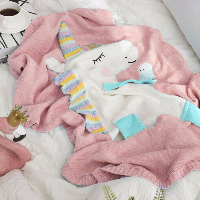 Kids Children Cotton Knitted Blanket Unicorn Design Pram Blanket Throw Pink