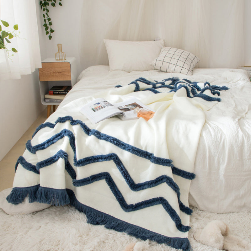 Acrylic Knitted Blanket Tufted Tassel Bed Sofa Throw Rug 130cm x 160cm