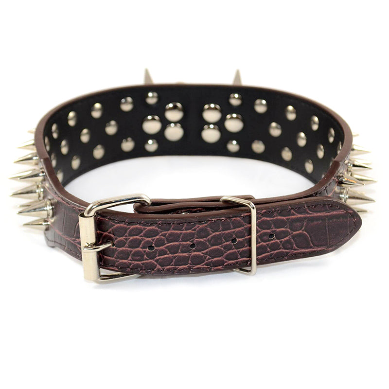 Large Breed Dog Leather Collar Nickel Plated Spikes Adjustable Chocolate Colour