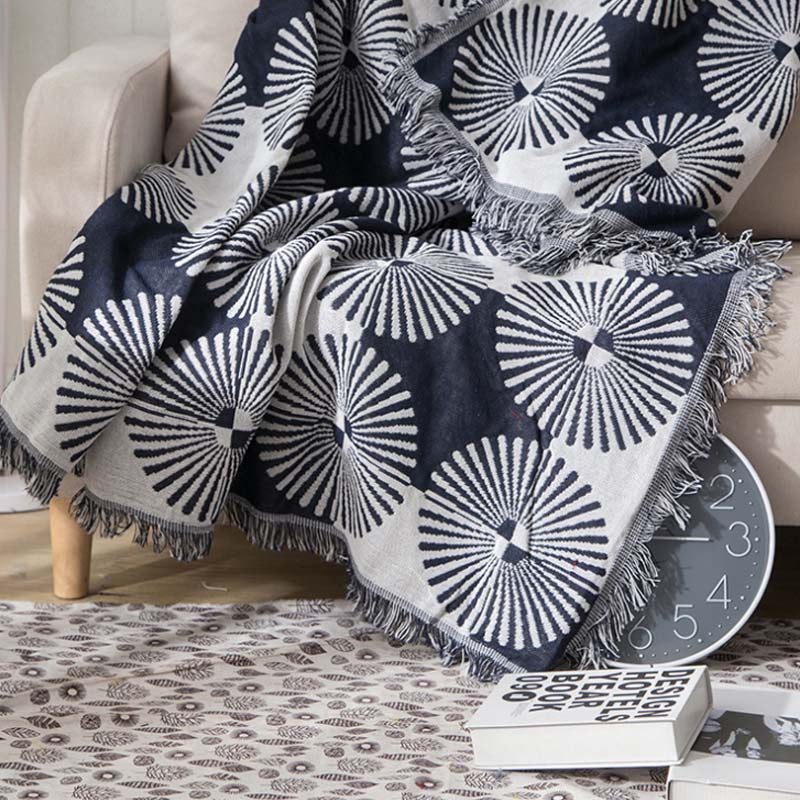 Slub PolyCotton Knitted Blanket Folding Fan Pattern Sofa Bed Leisure Throw Rug 180x230cm