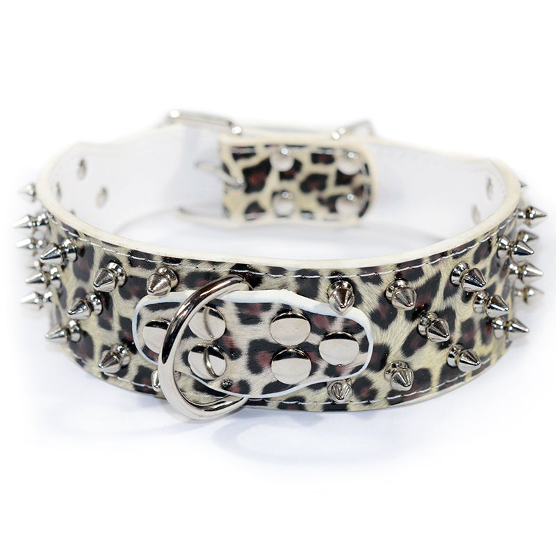 Pet Dog Leather Collar Nickel Plated Non-sharp Spikes Adjustable Leopard M