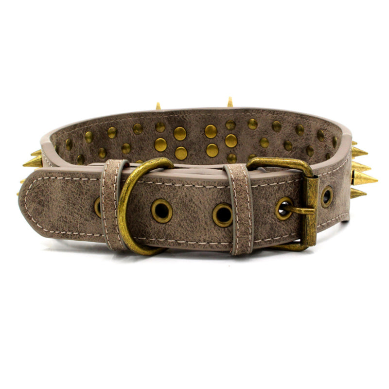 Dog Leather Collar Spiked & Studded Adjustable Dog Collar Rustic Grey M L